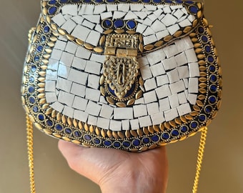 Handcrafted Mosaic Clutch: Vintage Evening Bag with Golden Chain