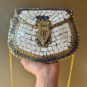 Handcrafted Mosaic Clutch: Vintage Evening Bag with Golden Chain