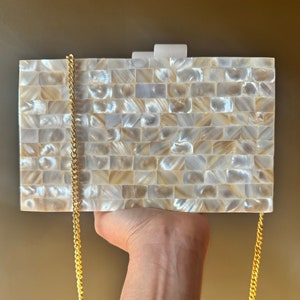 Handcrafted Mother-of-Pearl Clutch Purse, Elegant Gold Chain - Iridescent Mosaic Evening Bag for Special Occasions - Unique Bridal Accessory