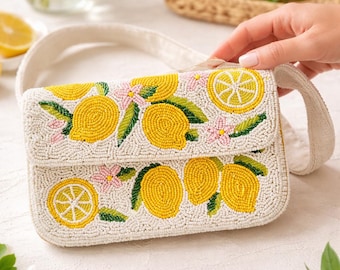 Beaded Lemon Shoulder Bag, Amalfi Coast Inspired Clutch, Summer Vacation Purse