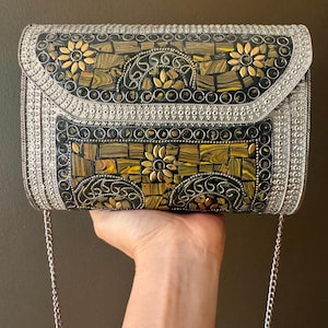 Luxury Handcrafted Golden Tiger Eye and Silver Metal Clutch Bag - Unique Artisan Boho Purse for Formal Events and Night Out
