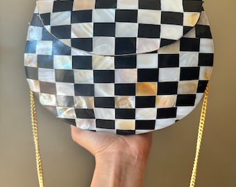 Chic Checkerboard Mother-of-Pearl Clutch - Artisan Crafted in India, Luxurious Evening Accessory, Mother-of-Pearl Evening Clutch  Gold Chain