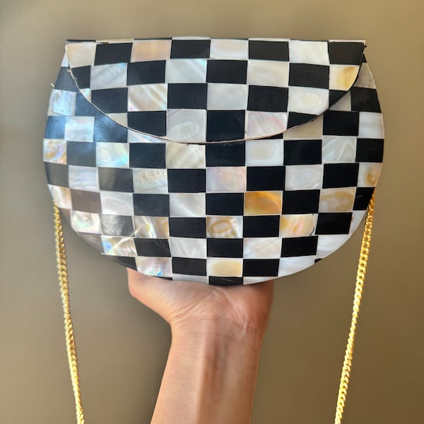 Chic Checkerboard Mother-of-Pearl Clutch - Artisan Crafted in India, Luxurious Evening Accessory, Mother-of-Pearl Evening Clutch  Gold Chain