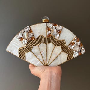 Art Deco Fan Clutch: Mother of Pearl, Crystal & Gemstone Evening Bag