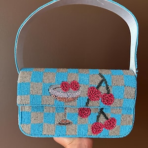 Cherry Cocktail Beaded Clutch | Blue Checkered Handbag | Handmade Shoulder Bag | Statement Party Purse | Gift for Her | Summer Bag