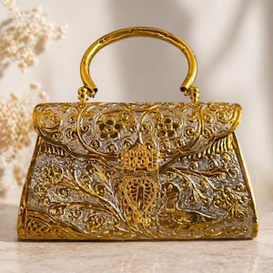 Conjunto de 2 bolsos de mano de lujo de metal dorado / Bolso de mano tipo caja para novias / Bolso de noche para bodas indias / Bolso llamativo / Regalo para fiestas