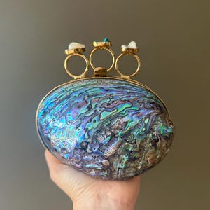 Abalone Shell Clutch with Gold Knuckle Rings & Chain | Iridescent Statement Evening Bag | Ocean-Inspired Purse | Unique Shell Handbag