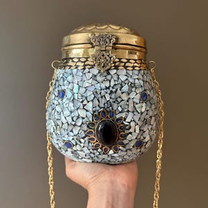 Mother of Pearl Mosaic Clutch: Gold Brass Lid, Stone Inlay, Boho Evening Bag