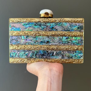 Abalone Shell Striped Clutch with White Gemstone Clasp – Gold Brass Box Bag with Chain | Luxe Handmade Evening Purse. Abalone Striped Clutch