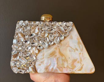 Mother of Pearl Crystal Clutch | Handmade Gold Evening Bag | Bridal Statement Purse