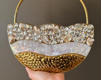 Bolso de mano de cristal dorado hecho a mano: bolso de noche con