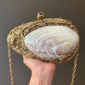 Large Gold Sequin & Mother of Pearl Shell Clutch – 7.5” Statement Evening Bag with Natural Shell Centerpiece, Gemstone Clasp, Gold Chain