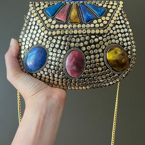 Handmade Vintage Mosaic Clutch with Straps - Indian Stonework and Antique Design - Unique Gift for Her, Vintage & Unique Metal Clutch