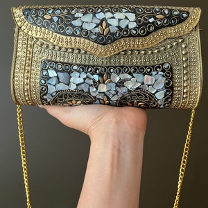 Cartera de mosaico, cartera antigua, cartera de metal, bolso bandolera indio hecho a mano, cartera de estilo vintage, cartera hecha a mano, cartera de nácar