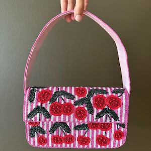 Pink Cherry Beaded Clutch Purse | Handmade Shoulder Bag | Beaded Cherry Handbag | Statement Evening Bag | Party Purse | Gift for Her