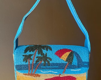 Handtas strandtas met kralen – zomerse kustportemonnee met palmbomen en parapluontwerp