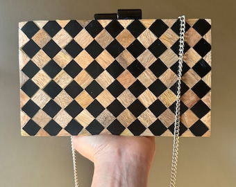 Exquisite Checkerboard Wooden Clutch - Elegance Collection Handmade Evening Bag with Acrylic Detailing, Contemporary Artisanal Wood Clutch