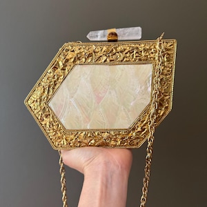 Mother of Pearl & Gold Clutch: Crystal Closure, Handmade Statement Bag