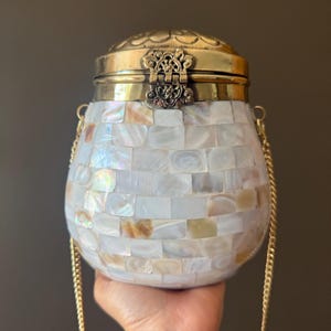 Handmade Mother of Pearl Clutch | Vintage-Inspired Brass & Shell Evening Bag | 7” Oval Bridal Purse | Artisan Statement Handbag. Wedding bag