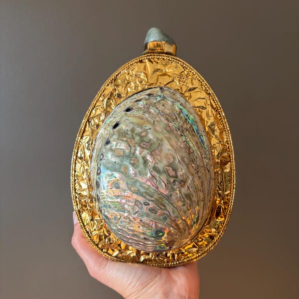 Abalone Shell Clutch: Handmade Gold Artisan Bag with Pearl & Quartz