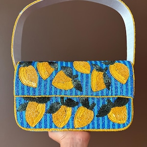 Handmade Beaded Mango Shoulder Bag – Tropical Fruit Purse, Summer Beaded Handbag, Colorful Blue Yellow Seed Bead Accessory