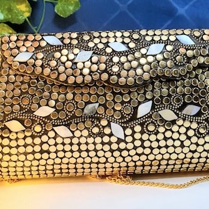 Handmade Mosaic Clutch Purse – Golden Metal Sling Bag, Indian Vintage-Inspired Evening Accessory. Wedding Evening Accessory. Festive Clutch