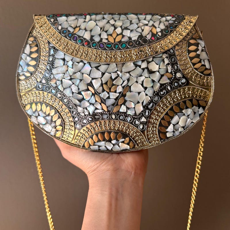 Handmade Vintage Metal Mosaic Stone Clutch / Sling Bag 06