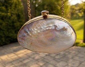 Bolso de mano de lujo con conchas de nácar / Bolso de noche ovalado con perlas / Bolso de mano nupcial con cadena dorada / Bolso cruzado llamativo