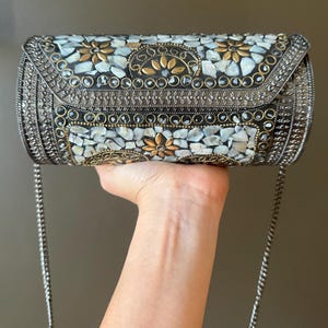 Handmade Mosaic Clutch Bag – Mother of Pearl Inlay Purse – Indian Artisan Evening Bag – Small Batch, Formal Clutch Gift, Boho bag, Metal bag