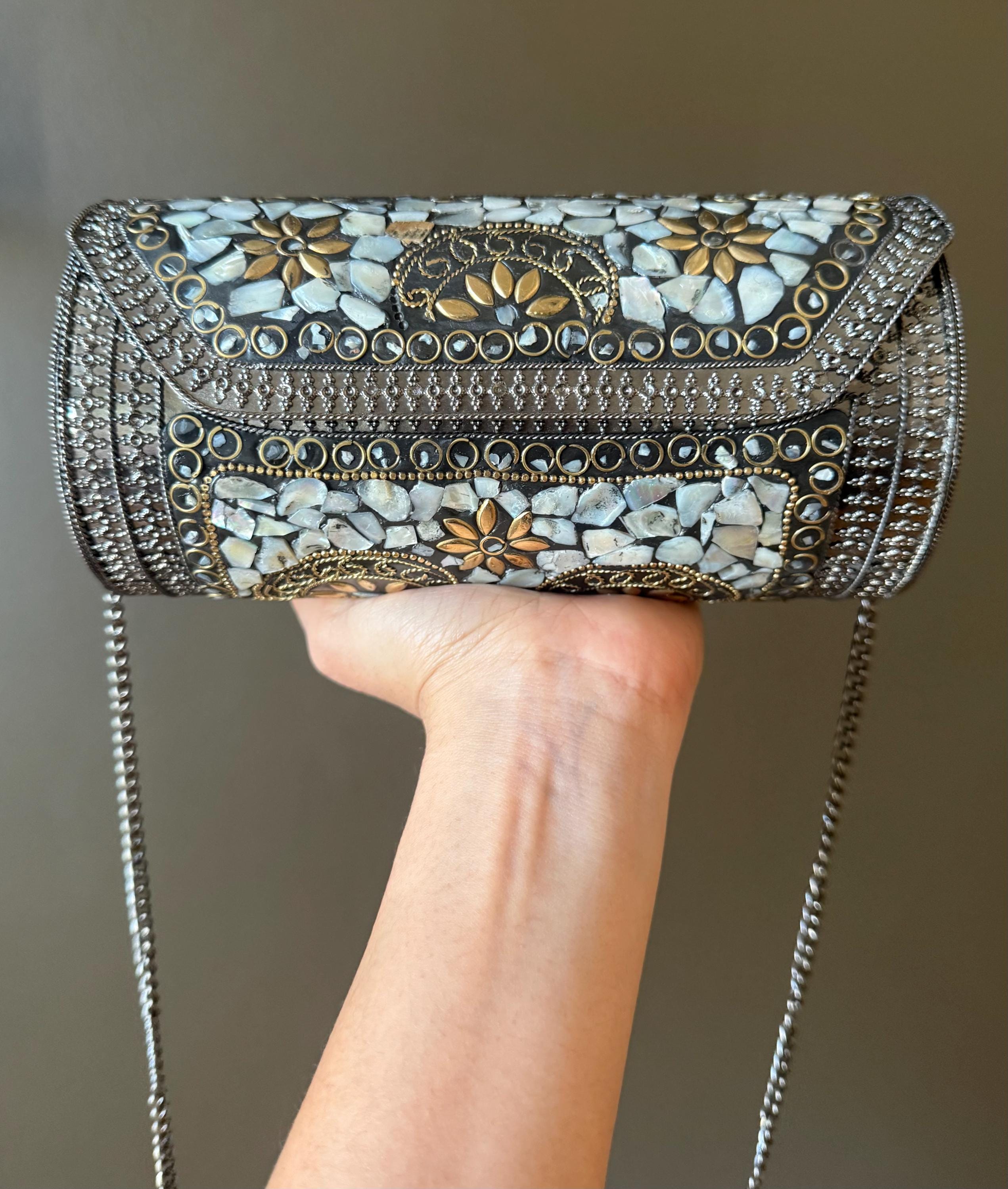 Handmade Mosaic Clutch Bag – Mother of Pearl Inlay Purse