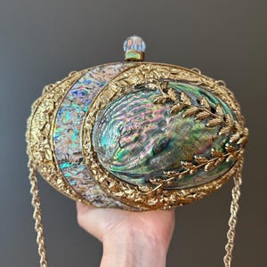 Luxury Abalone Shell & Gold Clutch | Elegant Mother of Pearl Handbag | Unique Statement Evening Bag with Chain