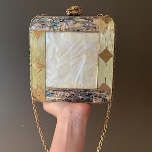 Vintage Gold Box Clutch with Mother of Pearl and Abalone Shell | Evening Purse | Statement Bag with Chain Strap & Gemstone Clasp