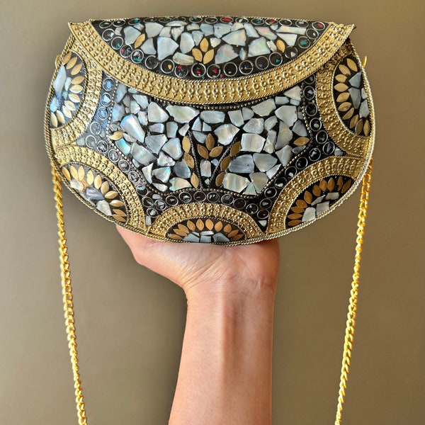 Pochette en mosaïque, sac à main ancien | Pochette en métal | Sac à bandoulière indien fait main | sac à main de style vintage | Pochette faite main, ethnique, fusion, chic
