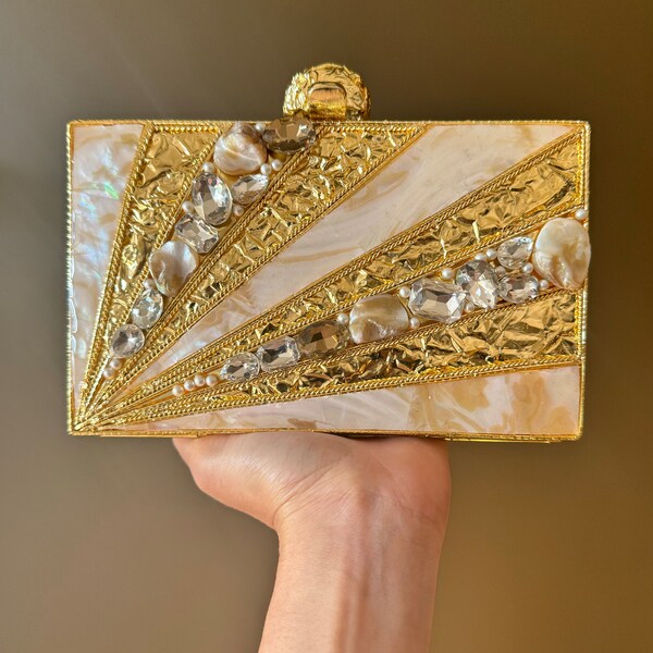 Golden Handcrafted Resin Clutch with Stones & Diamonds, Wedding Clutch, Luxury Purse, Indian Clutch, Bridal Clutch, Party Clutch, Gift