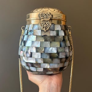 Luxury Mother-of-Pearl Inlay Clutch | Handcrafted Small-Batch Brass Evening Bag | Iridescent Mosaic Shell Purse with Gold Chain | Elegant Fo