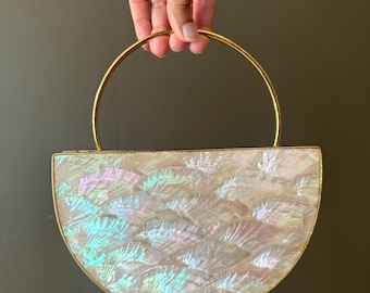 Mother of Pearl Clutch | Handmade Brass & Shell Evening Bag | Pearl Inlay Purse with Chain | Bridal, Wedding and Party Handbag