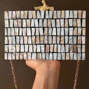 Handmade Mother of Pearl Mosaic Clutch: Resin Shell Purse with Gold Chain