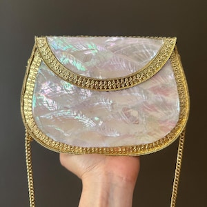 Mother of Pearl Evening Clutch: Handcrafted Gold Brass Frame, Bridal Accessory