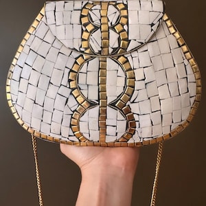 Handcrafted Mother of Pearl Mosaic Clutch: White & Gold Shell Purse