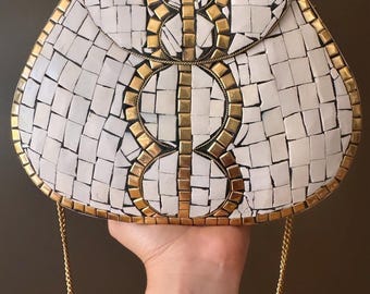 Pochette artigianale in mosaico di madreperla bianca e oro Borsa