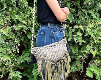 Bolso de yute con flecos estilo bohemio chic: bolso de hombro indio hecho a mano