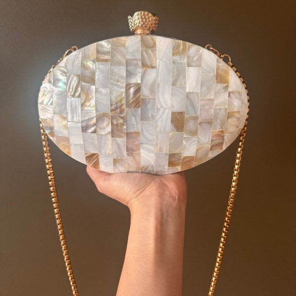 Handcrafted Korean Mother of Pearl Minaudière Clutch with Elegant Gold-Tone Shoulder Chain, Opulent Korean Inlaid MOP Evening Bag