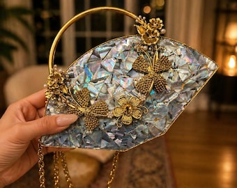Luxury Mother of Pearl Butterfly Clutch – Gold Floral Evening Bag | Statement Wedding Purse | Bridal Cocktail Handbag