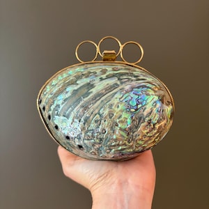 Könnte beinhalten: Eine ovale Clutch aus irisierendem Abalone-Muschelmaterial mit einer natürlichen, mehrfarbigen Perlmutt-Optik. Die Tasche verfügt über einen goldfarbenen Metallrahmen und einen dekorativen Verschluss aus drei miteinander verbundenen Goldringen.