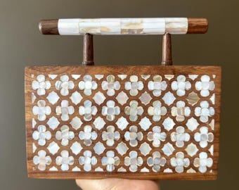 Handcrafted Wooden Clutch with Mother of Pearl Inlay, Gold Chain Strap
