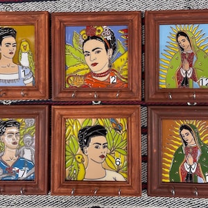 Key Holder for Wall. Frida Kahlo Tile, Virgen of Guadalupe. Wood Key Holder. Rustic Key Holder.