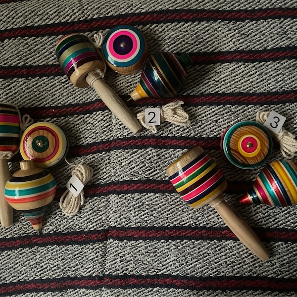 3 Mexican Toys. Wooden Toys. Balero, Spinning top, Yo-Yo. Collection set of traditional Mexican toys
