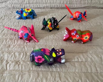 Mini alebrijes. Alebrijes Oaxaca with traditional designs. Assorted animals.