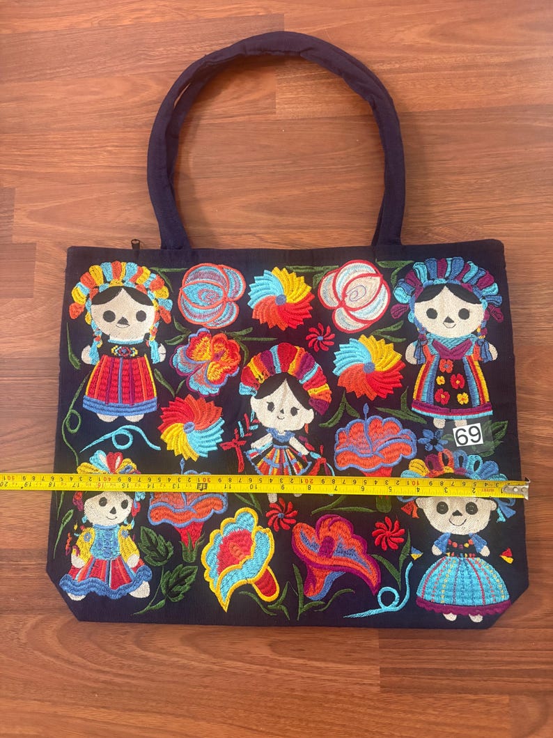 May include: A dark blue tote bag featuring colorful embroidered figures and floral patterns. A yellow measuring tape is placed across the center, showing a width of approximately 19 inches. The bag has two dark blue handles and a zipper closure.