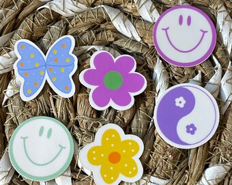 Mini Sticker Pack: Waterproof Flower, Butterfly, Yin Yang, Happy Face